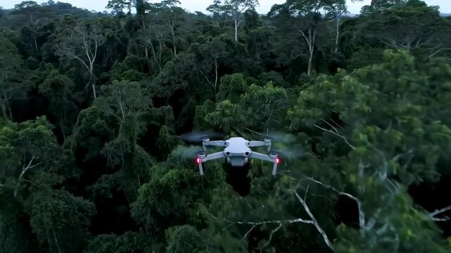 Modern drone flying over a dense tropical rainforest canopy.