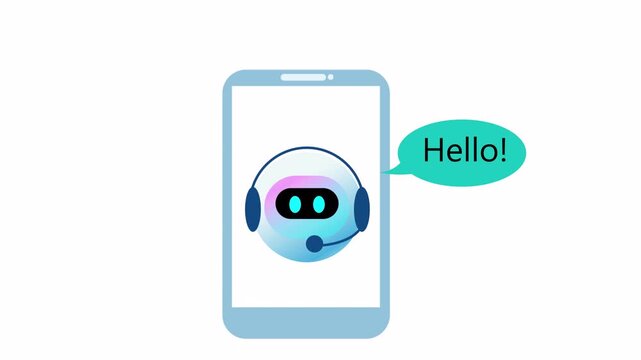 Animated Chatbot Assistant on Smartphone Screen Saying Hello.