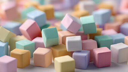 Obraz premium A close-up shot of numerous small, pastel-colored, cube-shaped candies scattered on a surface.