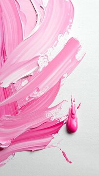 Swirling pink acrylic paint strokes on a white canvas, with a dab of paint to the right
