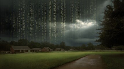 Stormy dark sky with cascading green binary code symbolizing digital intrusion over a peaceful rural landscape