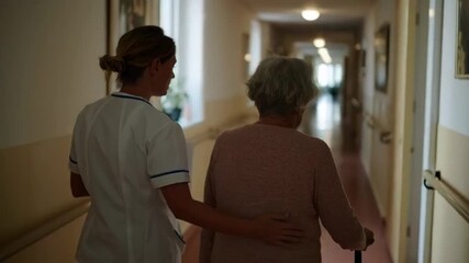 Nurse assisting elderly woman in care facility, compassionate support in healthcare setting, National Nurses Week theme highlighting caregiving and aging
