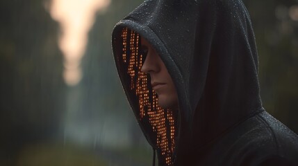 Mysterious individual in a dark hooded jacket illuminated by internal glowing digital code patterns during a rainy twilight