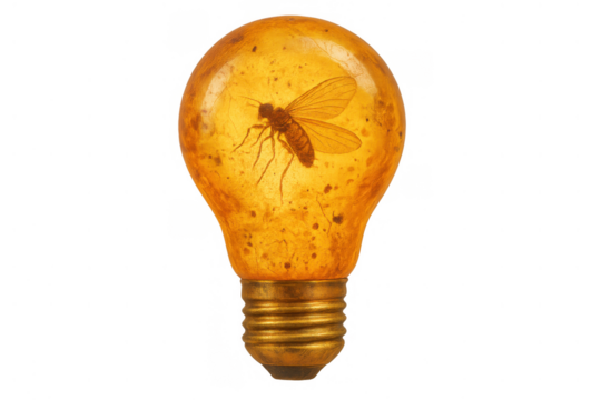 Conceptual light bulb forming amber fossil with trapped insect, representing ancient wisdom and timeless ideas