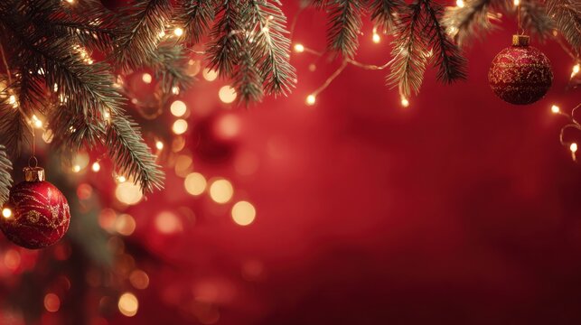 A festive close-up of Christmas tree branches adorned with sparkling lights and red ornaments against a blurred red background.
