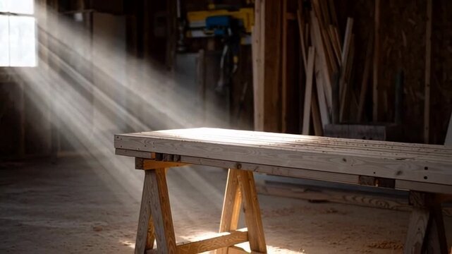 Sunlight beams through dusty workshop, creating a serene atmosphere, highlighting craftsmanship and solitude, evoking a rustic autumn setting