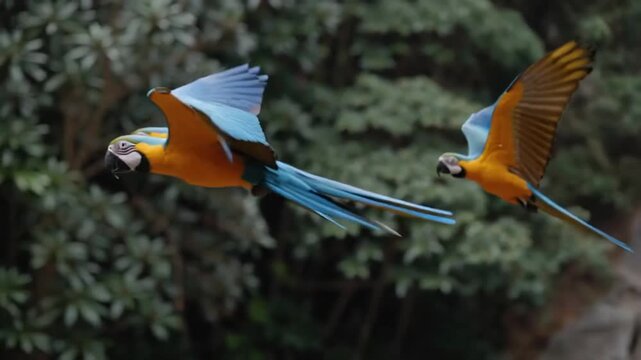 Vibrant macaws glide through lush forest, colorful parrots in synchronized flight, tropical birds soaring near a cascading waterfall