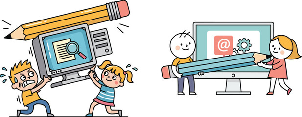 Cute children using computers and giant pencils for online learning, teamwork creativity concept, digital education, internet communication, cartoon illustration