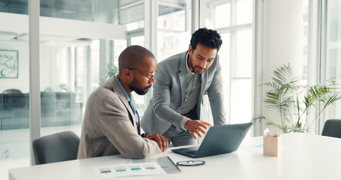 Feedback, teamwork and laptop with business people in office for planning, broker advice and stakeholder pitch. Investor proposal, collaboration or research update with employees in agency for report