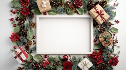 A festive arrangement of gifts and greenery surrounding a blank frame, perfect for holiday-themed decorations or cards.