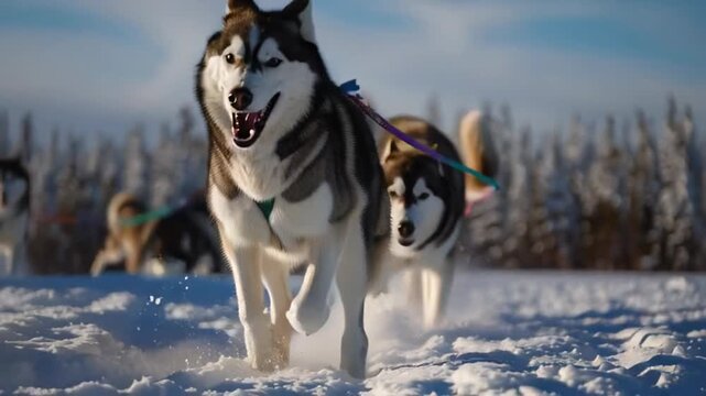 Close-up of a dog's paws in snow, capturing a winter adventure, evoking a sense of movement and excitement, suitable for winter sports themes
