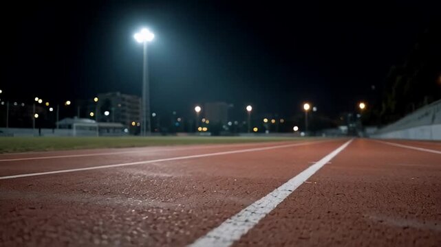Dimly lit running track at night, solitude and focus under stadium lights, perfect for midnight athletic training ambiance or nocturnal sports theme