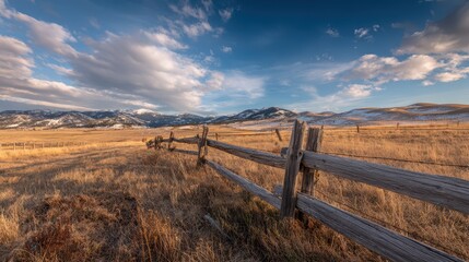 Rustic ranch fence in a Montana big sky landscape with distant mountains and dramatic clouds