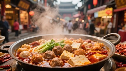 Obraz premium A pot of Sichuan hot pot in a Chinese market presents a rich Sichuan food flavor and a lively dining culture atmosphere.