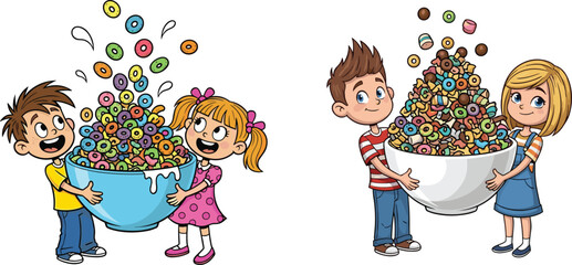 Happy cartoon children holding big cereal bowls, colorful breakfast food, fun morning meal, kids enjoying healthy eating concept illustration