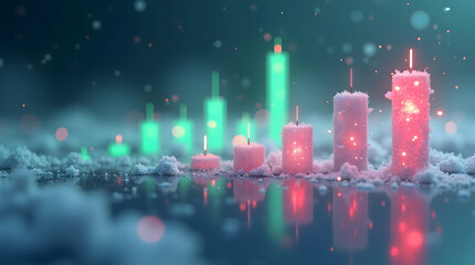 3D winter stock market chart with glowing red and green candlesticks surrounded by frost, snow, and icy reflections under cinematic cold lighting. AI Generated.