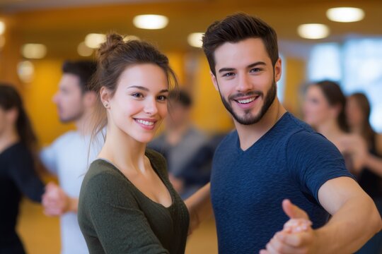 A couple gracefully smiles as they dance in a lively ballroom, other people also dance with them.