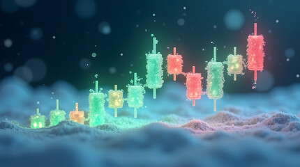 3D winter stock market chart with glowing red and green candlesticks surrounded by frost, snow, and icy reflections under cinematic cold lighting. AI Generated.