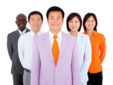 Group of five diverse business professionals standing in row, smiling confidently, wearing formal suits and business attire, representing teamwork, leadership, and corporate success