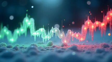 3D winter stock market chart with glowing red and green candlesticks surrounded by frost, snow, and icy reflections under cinematic cold lighting. AI Generated.