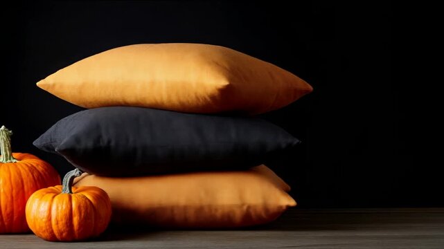 Stacked orange and black pillows evoke autumnal coziness, pumpkins add a festive Halloween touch, modern minimalist decor for seasonal ambiance