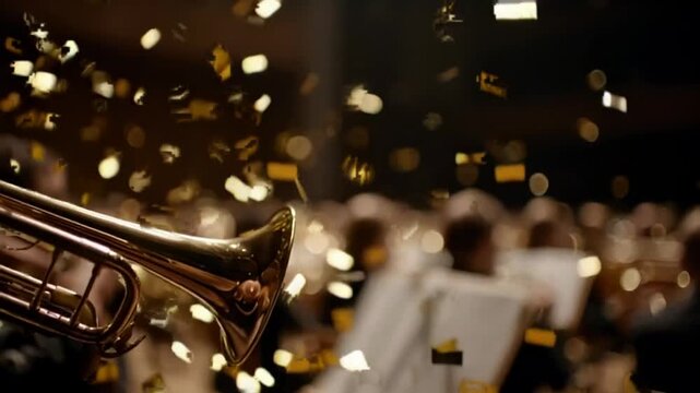Orchestra playing with golden confetti falling, celebration atmosphere with brass instruments, festive concert setting evoking joy and unity