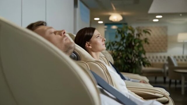 Relaxed professionals enjoy massage chairs, workplace wellness initiative, stress relief in modern office setting