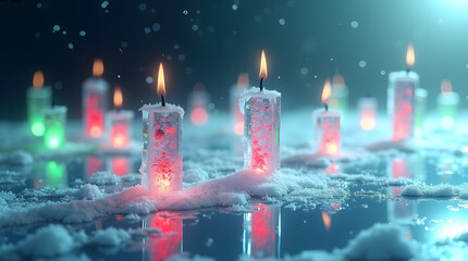 3D winter stock market chart with glowing red and green candlesticks surrounded by frost, snow, and icy reflections under cinematic cold lighting. AI Generated.
