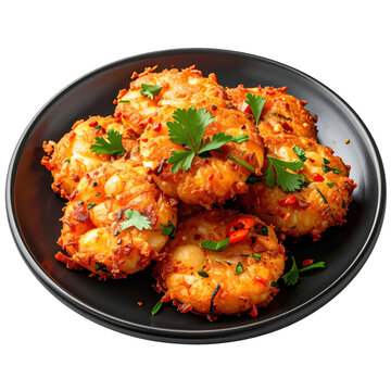 Crispy filipino ukoy shrimp and vegetable fritters, served on a plate and isolated on a clean white background