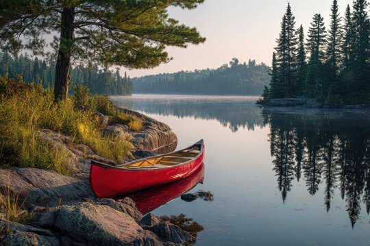 Serene red canoe on a rocky lakeshore beside a calm, misty pine-lined lake at dawn
