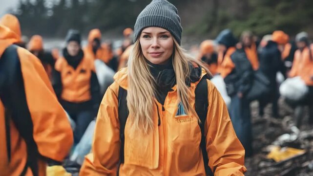 selective focus passionate event organizer leading community beach cleanup