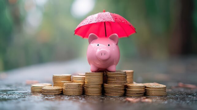A pink piggy bank sits on a stack of coins, sheltered by a small red umbrella, symbolizing savings and financial protection. - Powered by Adobe