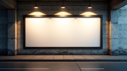 Urban Empty Billboard Mockup on Brick Wall Street Background with Warm Lights and Vintage Mood