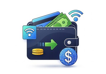 Digital wallet with money, credit cards, and wireless payment symbols, representing modern finance