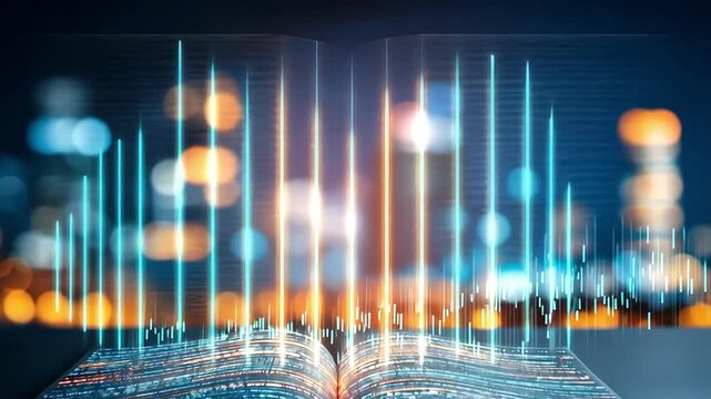 Open book with digital data streams, representing knowledge and information.