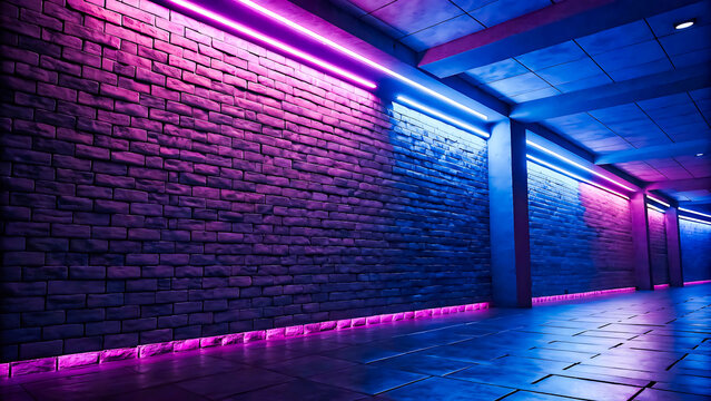 Dark brick corridor with pink and blue neon lights interior hallway