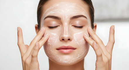 Young woman applying moisturizing beauty cream face mask spa treatment