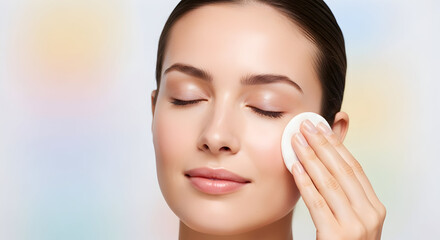 Beauty model cleansing glowing face using cotton pad skin care routine