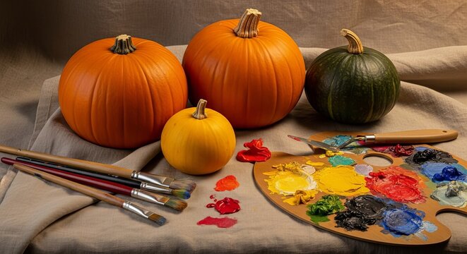Still life pumpkins art painting palette brushes fall autumn colors artistic canvas seasonal gourds paint