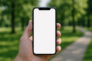 Close-up of hand holding smartphone with blank white screen in park setting, showcasing technology concept on blurred green nature background. Ai generative