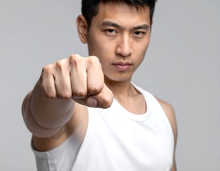 Determined Asian Man in White Tank Top Strikes a Fighting Pose.