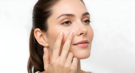 Young Woman Applying Moisturizer Gel to Smooth Cheek For Healthy Skincare