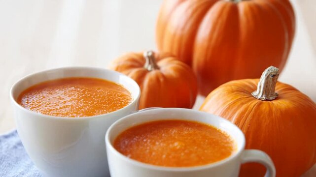 Warm pumpkin soup in white cups, autumnal comfort evokes cozy vibes, perfect for Halloween and Thanksgiving gatherings, pumpkins in the background
