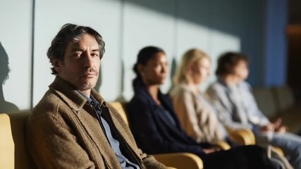 Diverse group of adults sitting in a waiting room, anticipation and patience fill the air, morning light casts long shadows, perhaps a holiday gathering