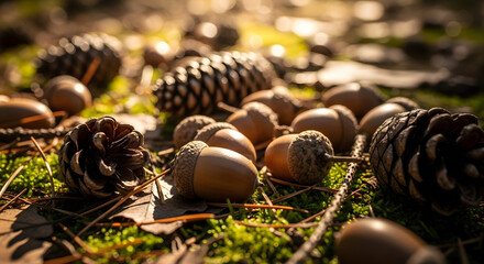 Natural Forest Floor with Pine Cones Acorns and Leaves in Warm Sunlight