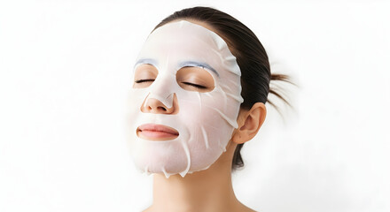 Serene woman applying beauty sheet mask for spa skincare treatment