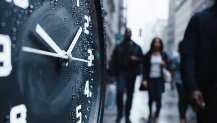 Closeup of a wet clock face with blurred pedestrians walking on a rainy city street in the background, symbolizing time and urban life