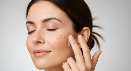 Beautiful young woman applies anti aging facial serum using a pipette dropper