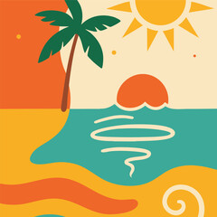 Soak up the retro vibes of this abstract beach sunset. A lone palm & groovy waves in a warm 70s color palette create the perfect endless summer feel. Ideal for posters & vibrant travel art.