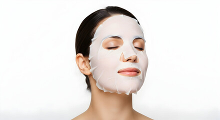 Young Woman Applying Hydrating Sheet Mask Facial Treatment isolated on white